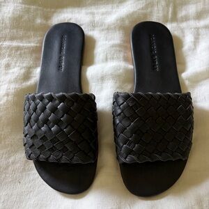 Woven Black Slide Mules - Womens